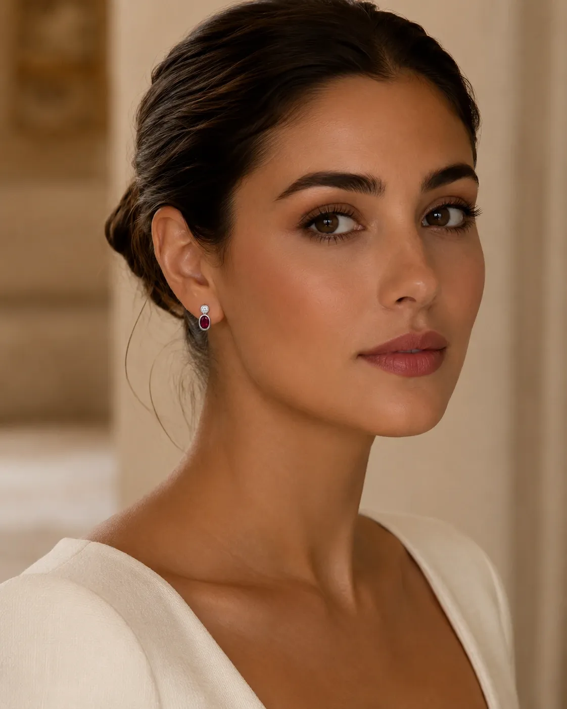 Immagine on-model di orecchini con rubini e diamanti