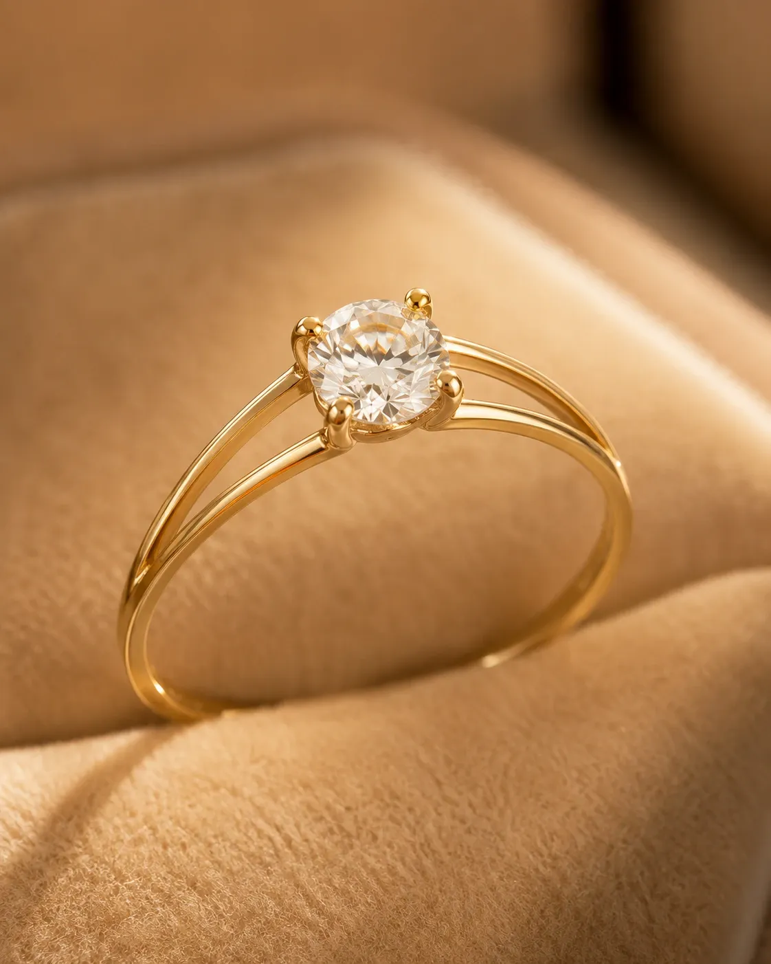 Anello solitario in una fotografia prodotto su fondo neutro